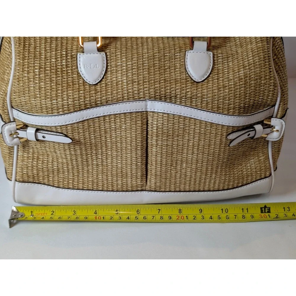 Lauren Ralph Lauren Straw Woven Satchel Bag White Leather Trim Gold Hardware